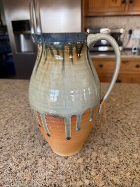 Handcrafted Ceramic Drip-Glaze Pitcher in Blue, Cream, and Terracotta